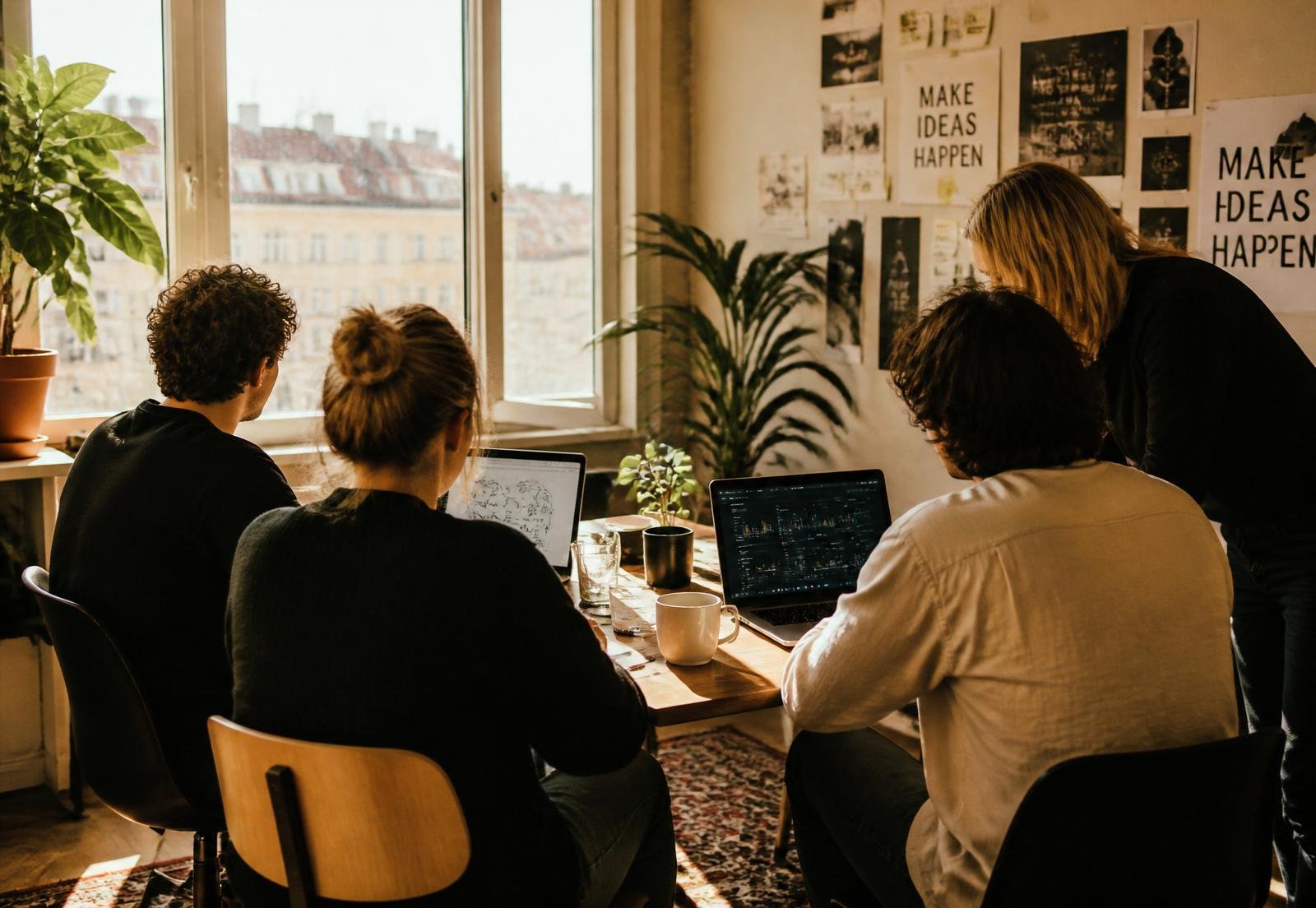 The 515 team working together at a sunlit studio desk